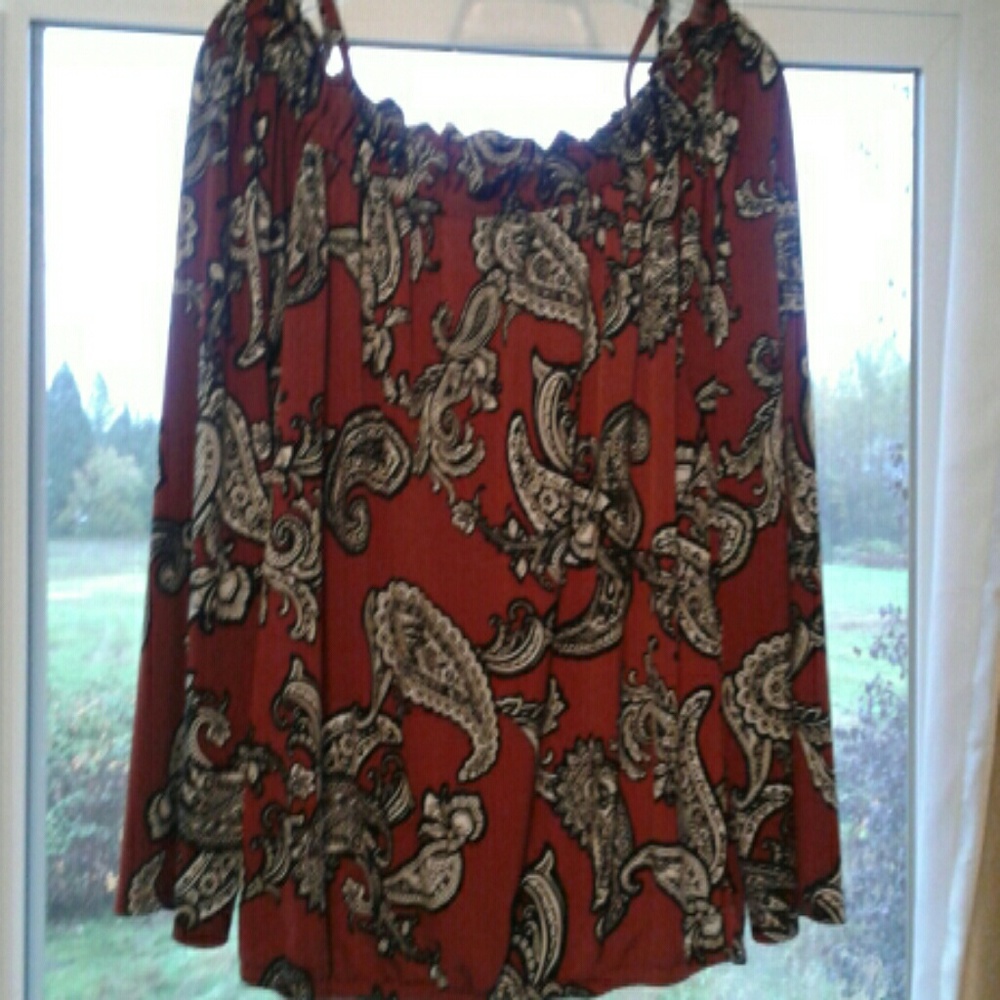 INC Rust/Black Ruffle-Neck Blouse,Like New